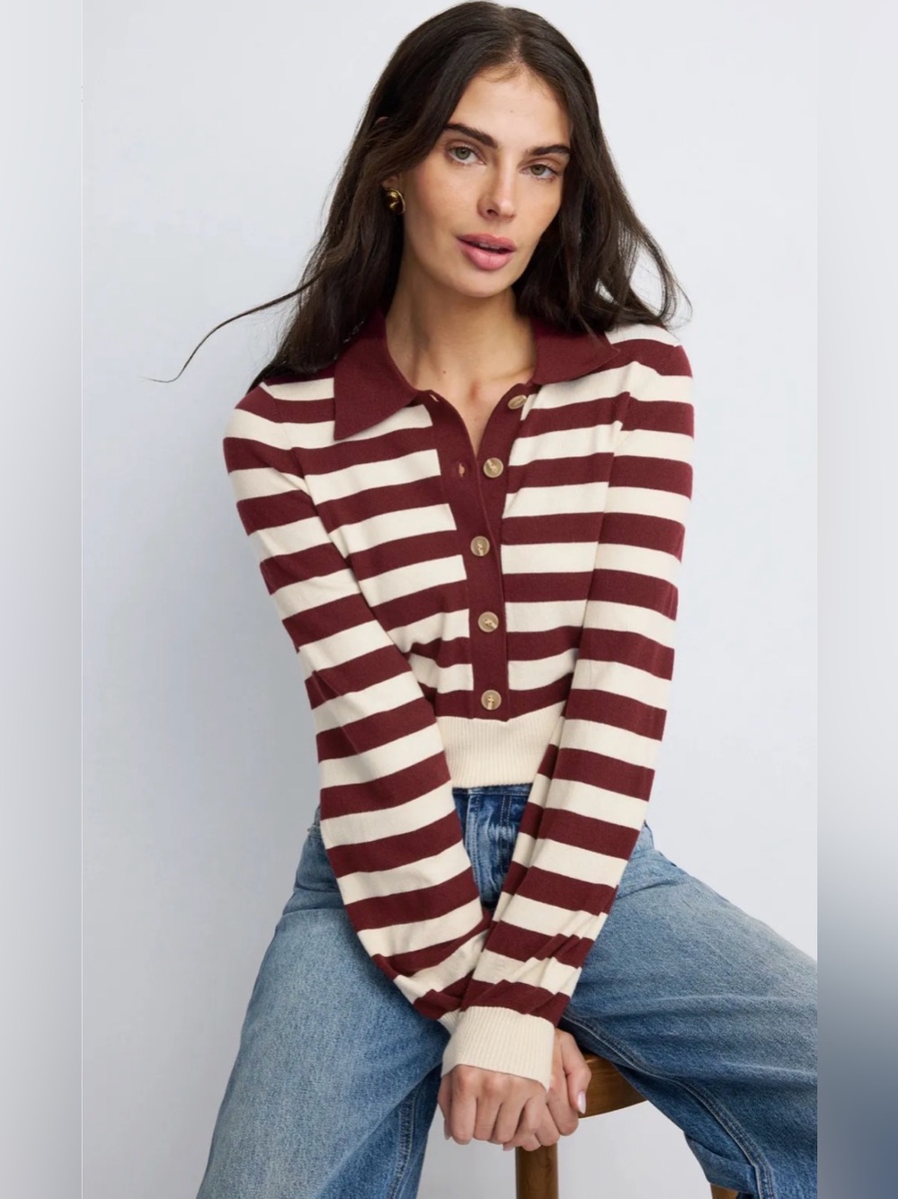 Favorite Daughter Belle  Striped Polo-Style Knit Sweater Burgundy and Cream sz M